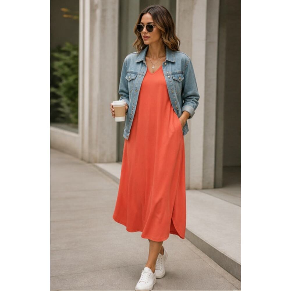 Entro Coral T-Shirt Stretch knit Maxi Dress With Pockets NTW Sz M